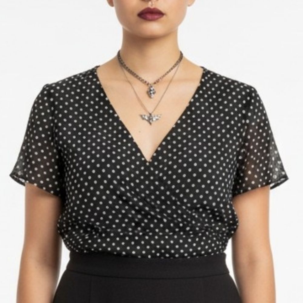 Torrid Black and White Polka Dot V-Neck Peplum Mesh Layered Top